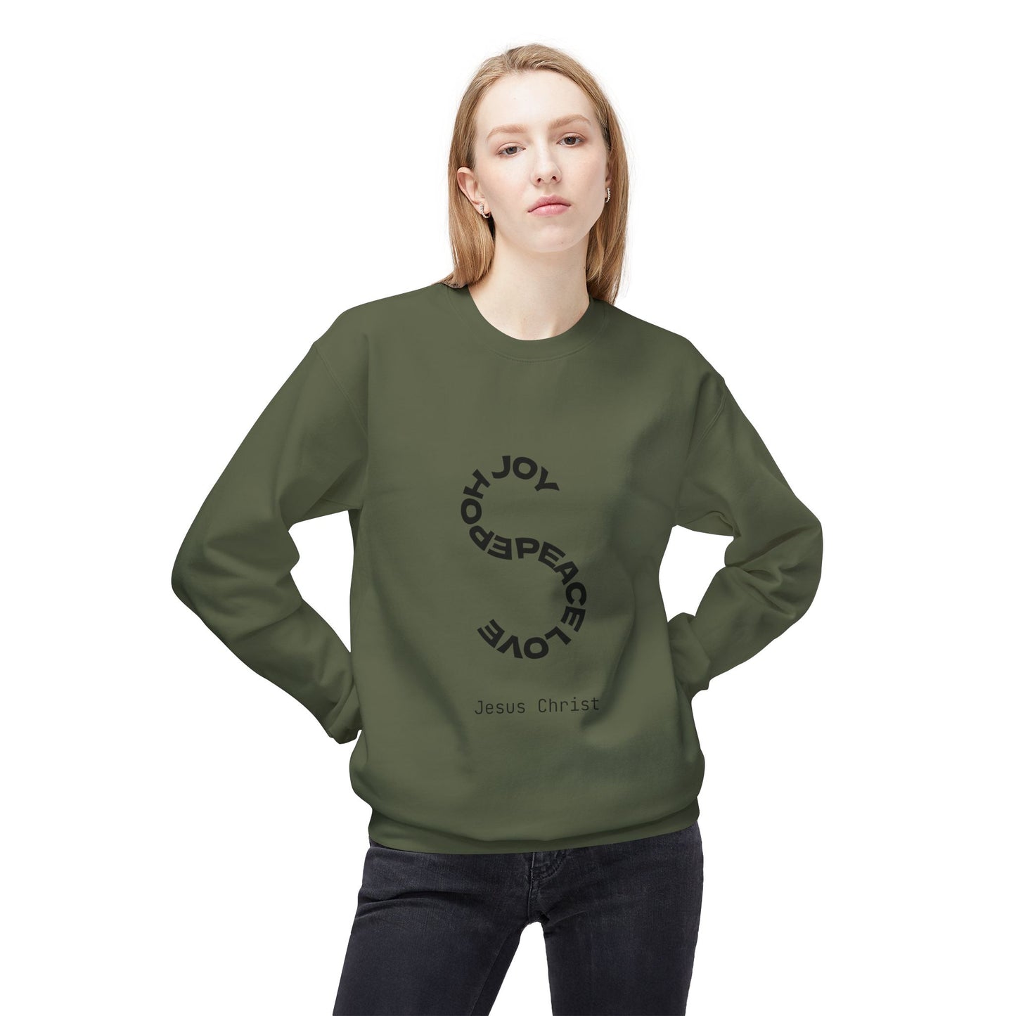 Christian Crewneck Sweatshirt — Joy Peace Love Holy (Jesus Christ)