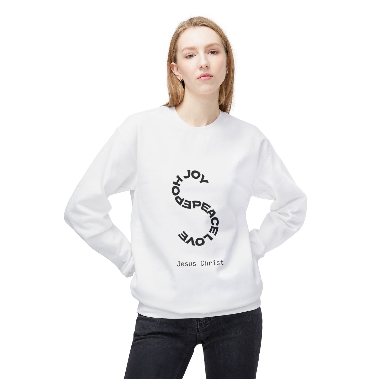 Christian Crewneck Sweatshirt — Joy Peace Love Holy (Jesus Christ)